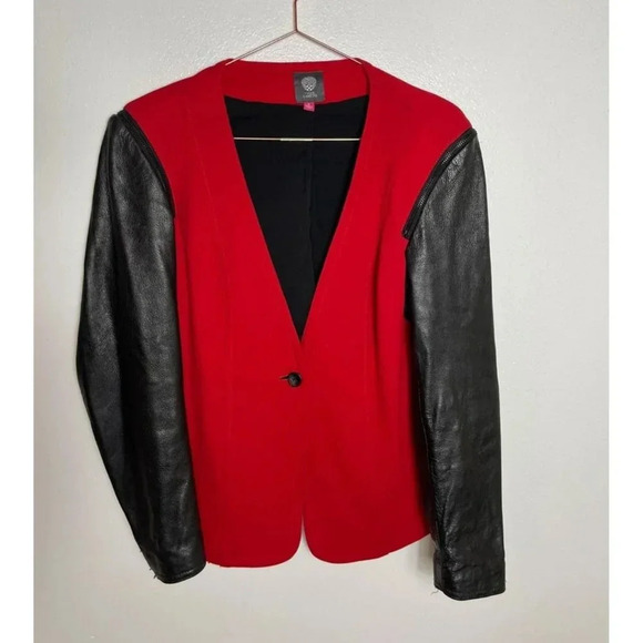 Vince Camuto Womens Long Sleeve Faux Leather One Button Jacket Red Black Sz 6 - Picture 10 of 10